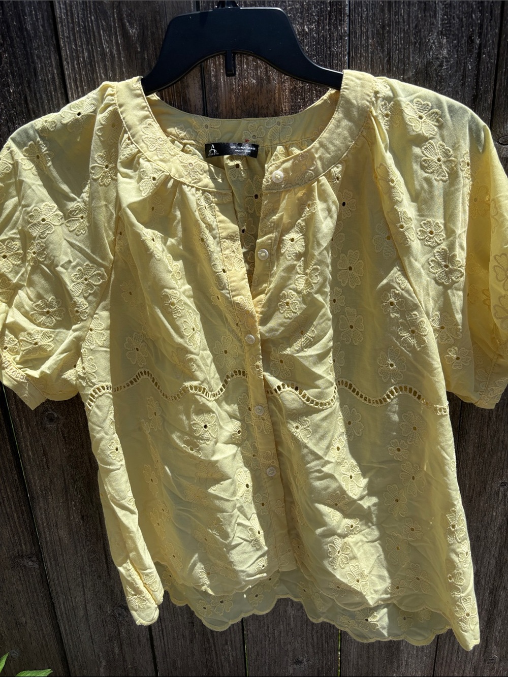 Women's Yellow Eyelet Button-Down Blouse Size L